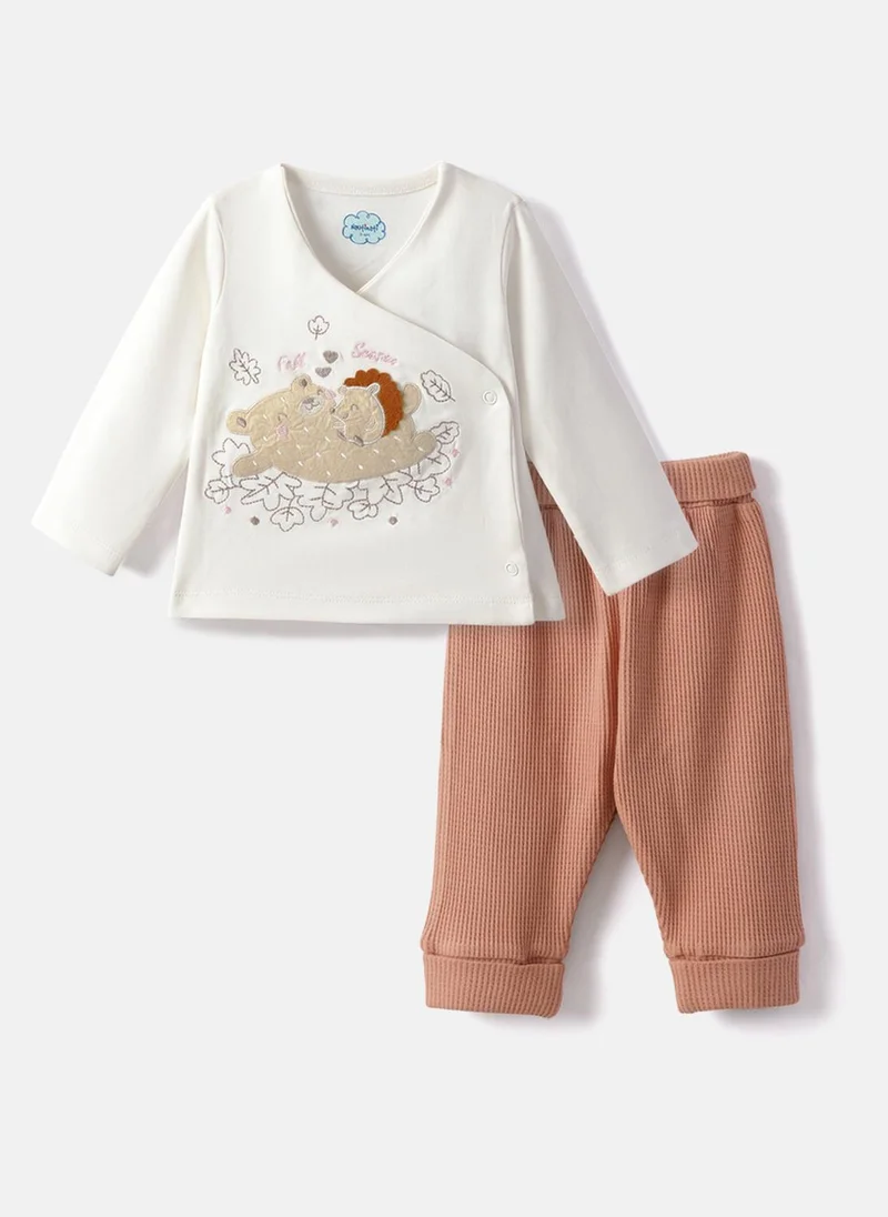 Nautinati Baby Girls' 100% Interlock Cotton Bear Embroidered Top & Textured Trousers Combo Set